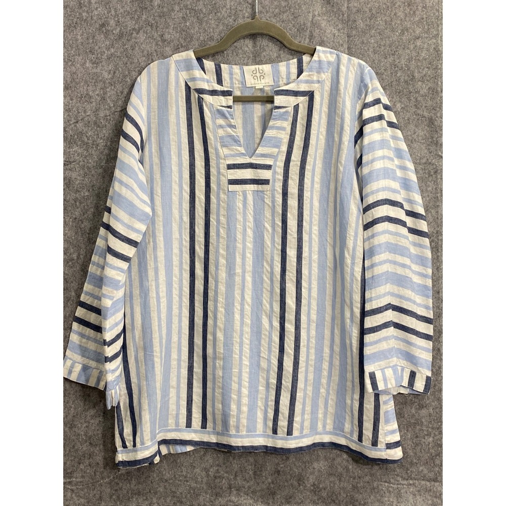 Pomegranate Blue White Stripe Linen‎ Tunic Coastal Resort Style Boho Minimalist